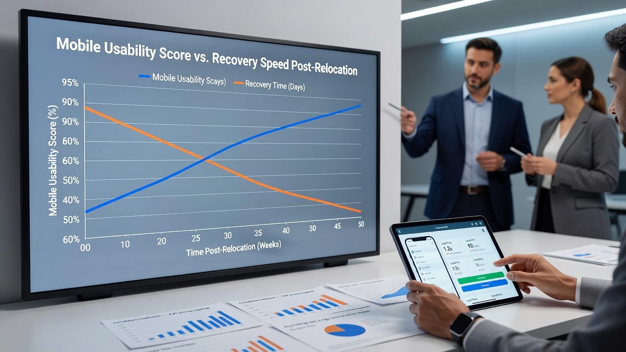 Bar chart comparing average recovery days for high, medium, and low mobile usability groups after website address changes